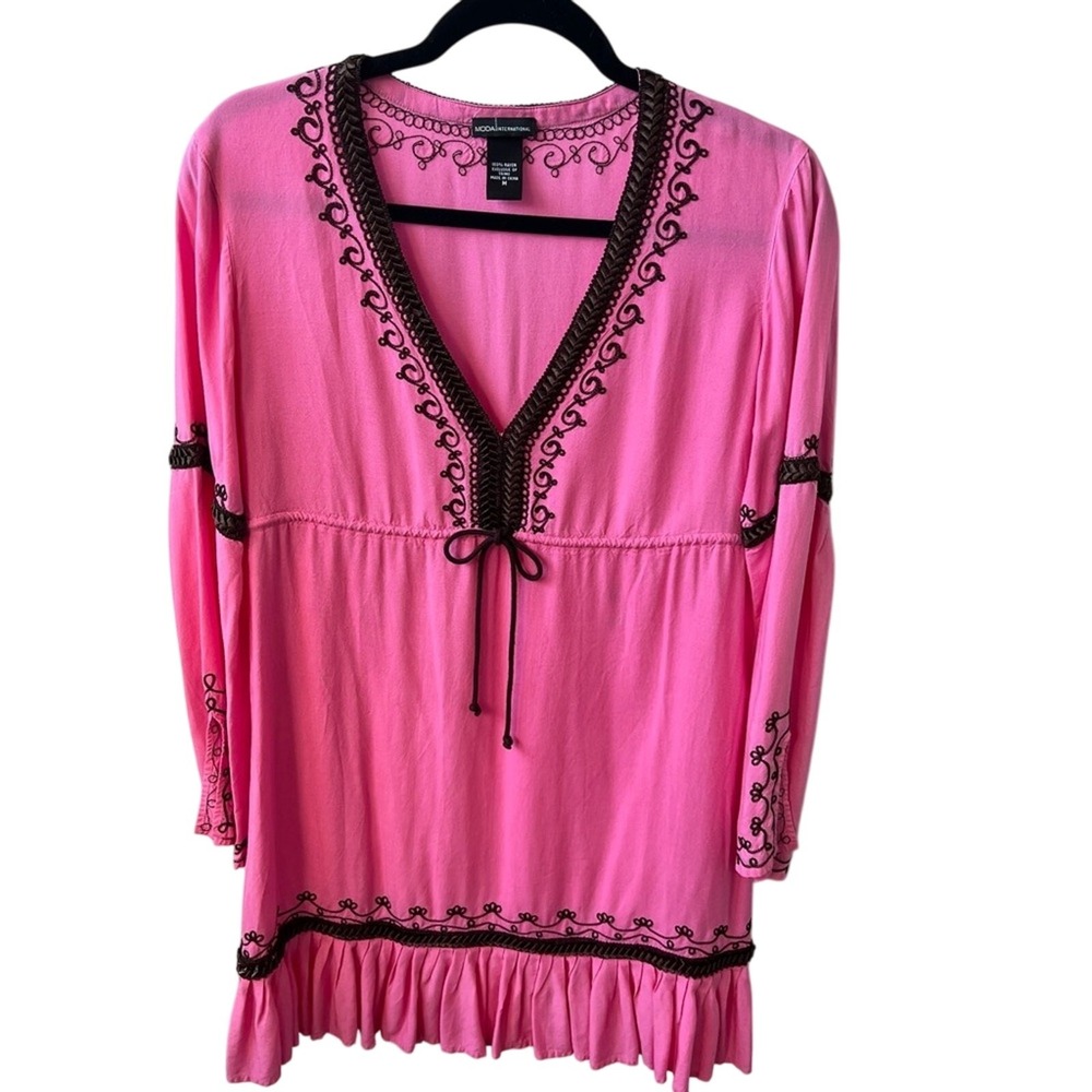 Moda International Dress Womens M Embroidered Barbie Pink Long Sleeve Brown Trim